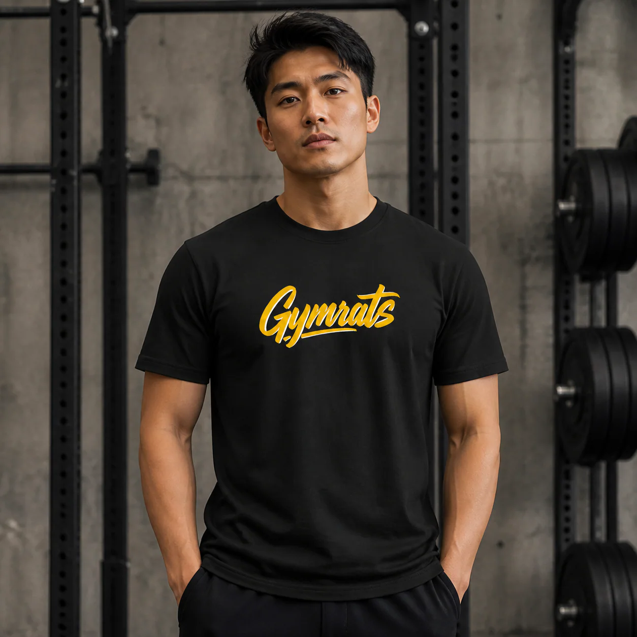 Blonde Fury black cotton tee person front mockup