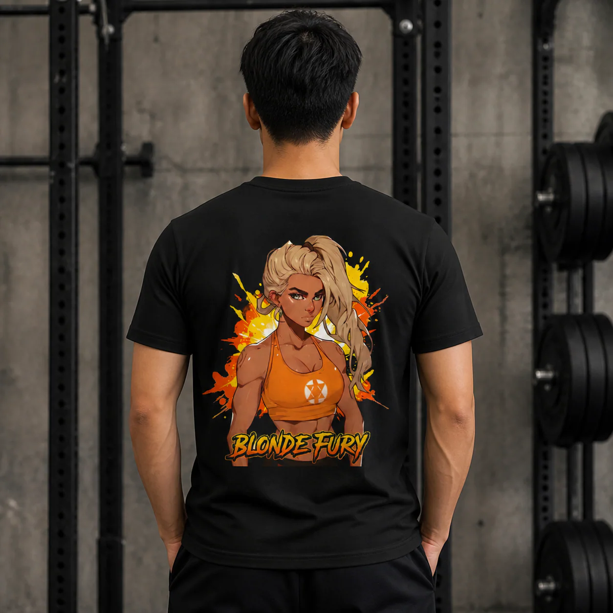 Blonde Fury black cotton tee person back mockup