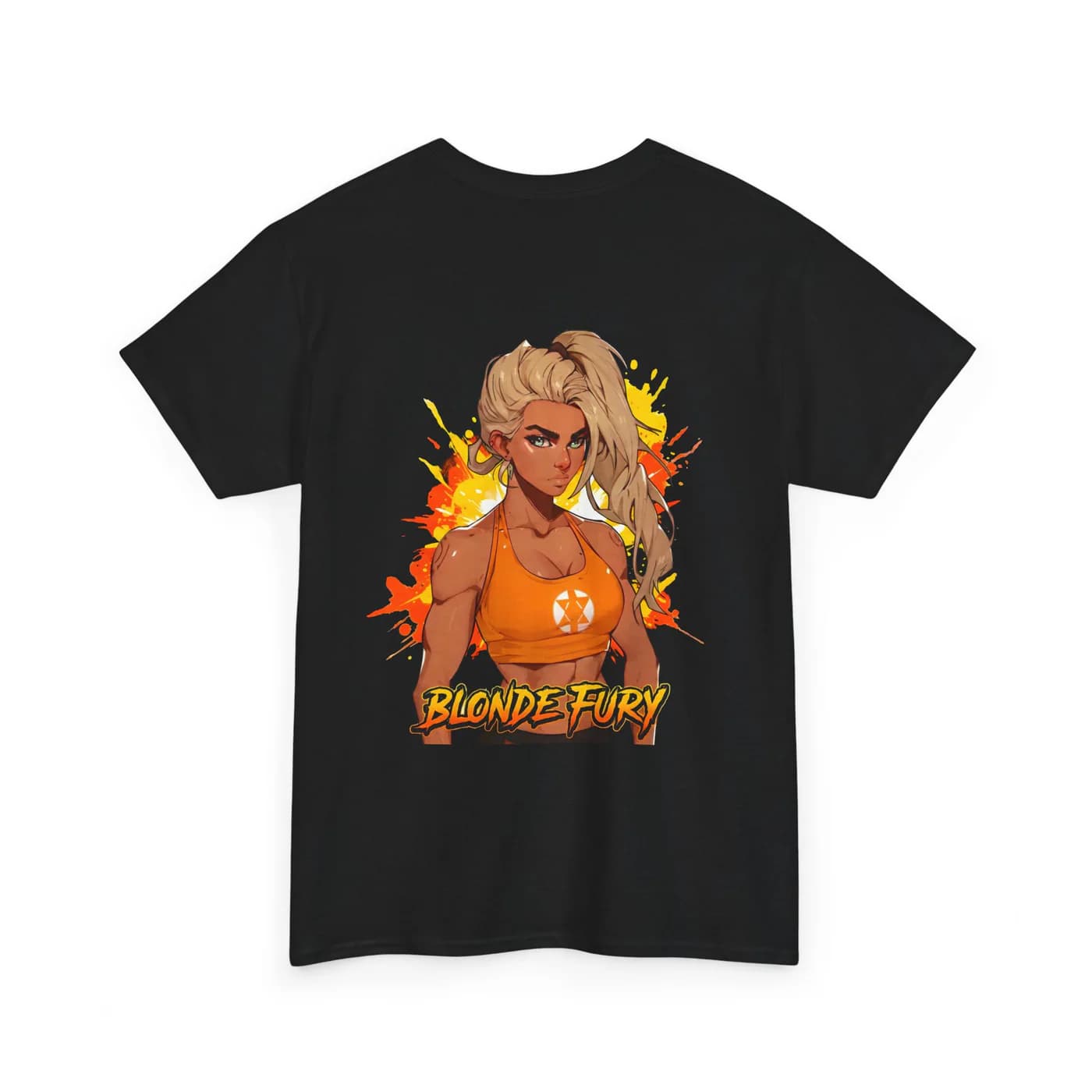 Blonde Fury black cotton tee garment back mockup