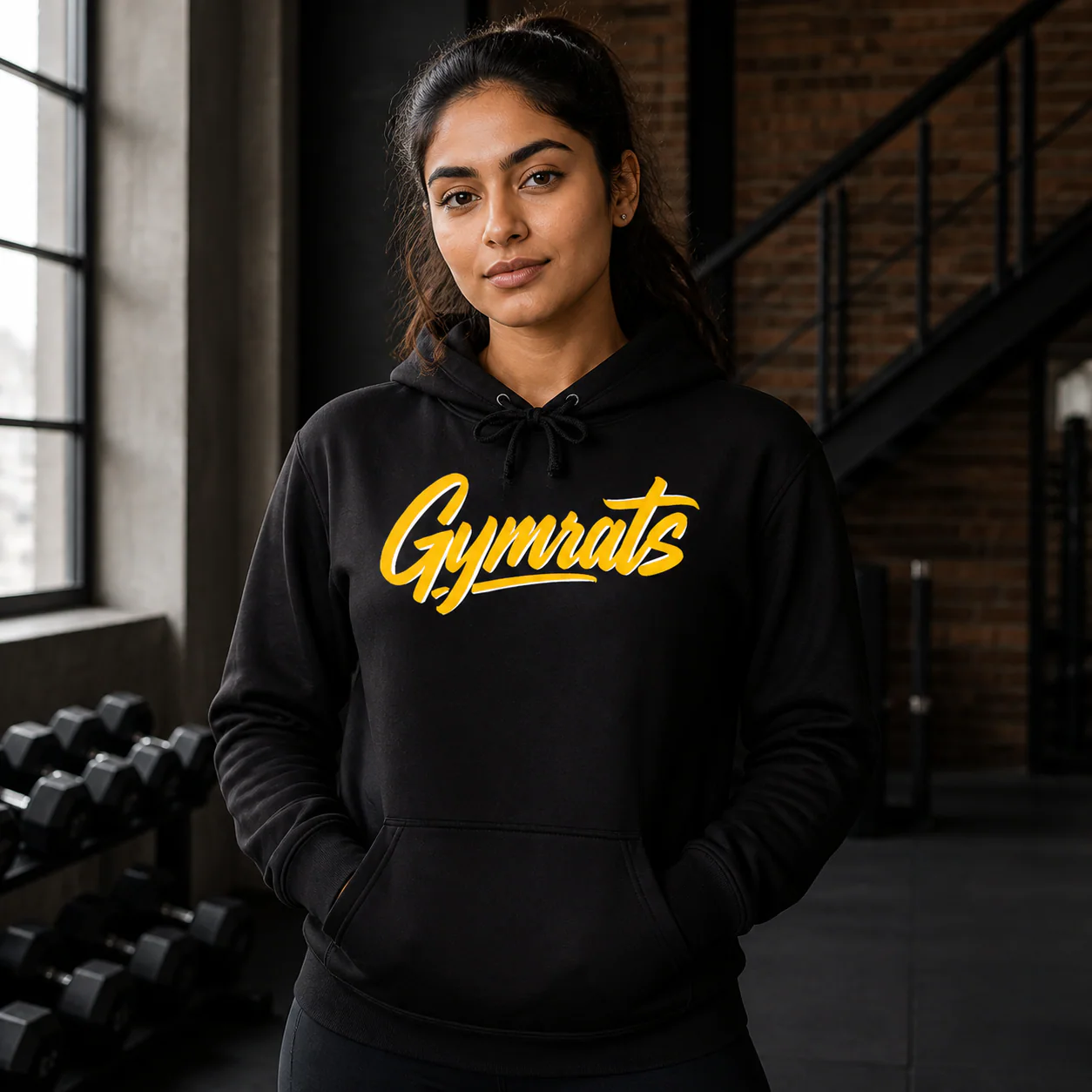 Blonde Fury black hoodie person front mockup