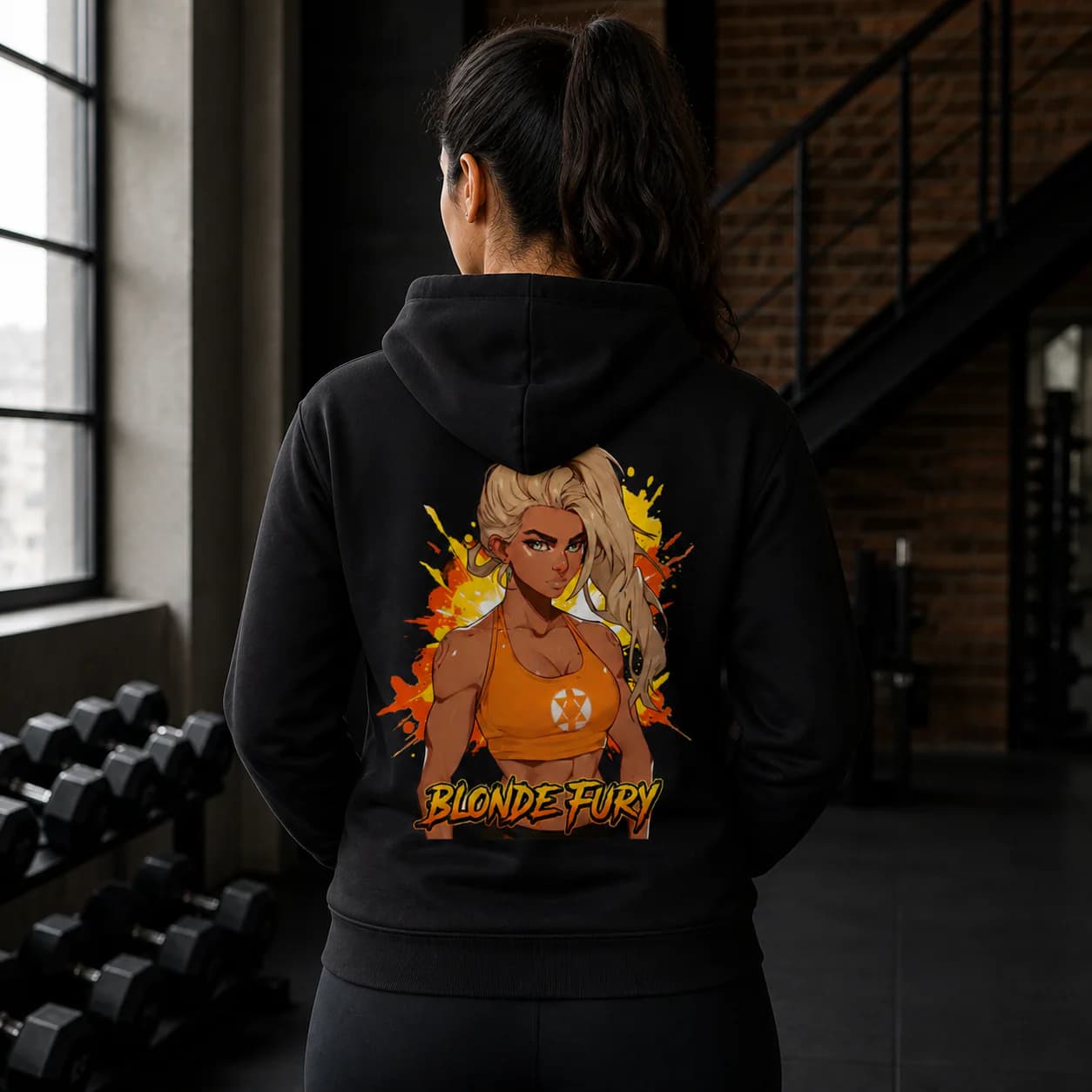 Blonde Fury black hoodie person back mockup