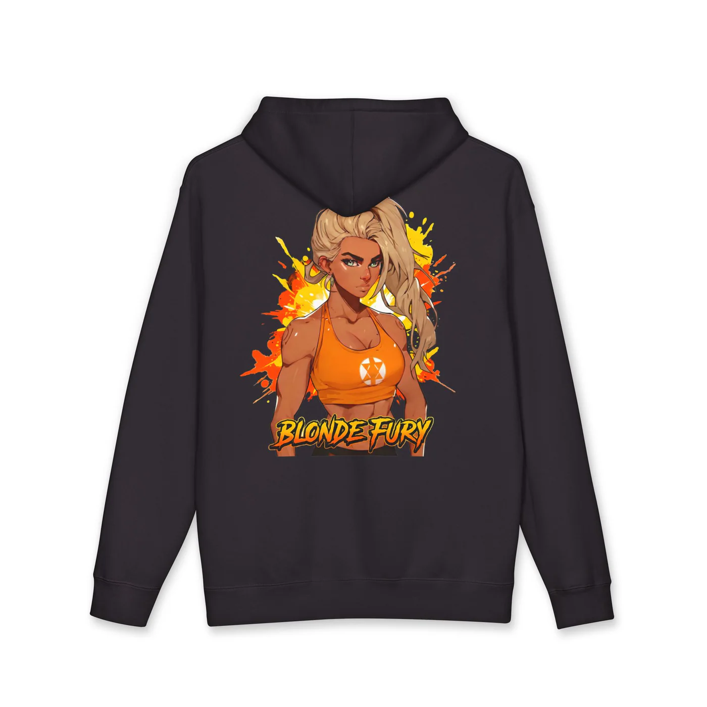Blonde Fury black hoodie garment back mockup