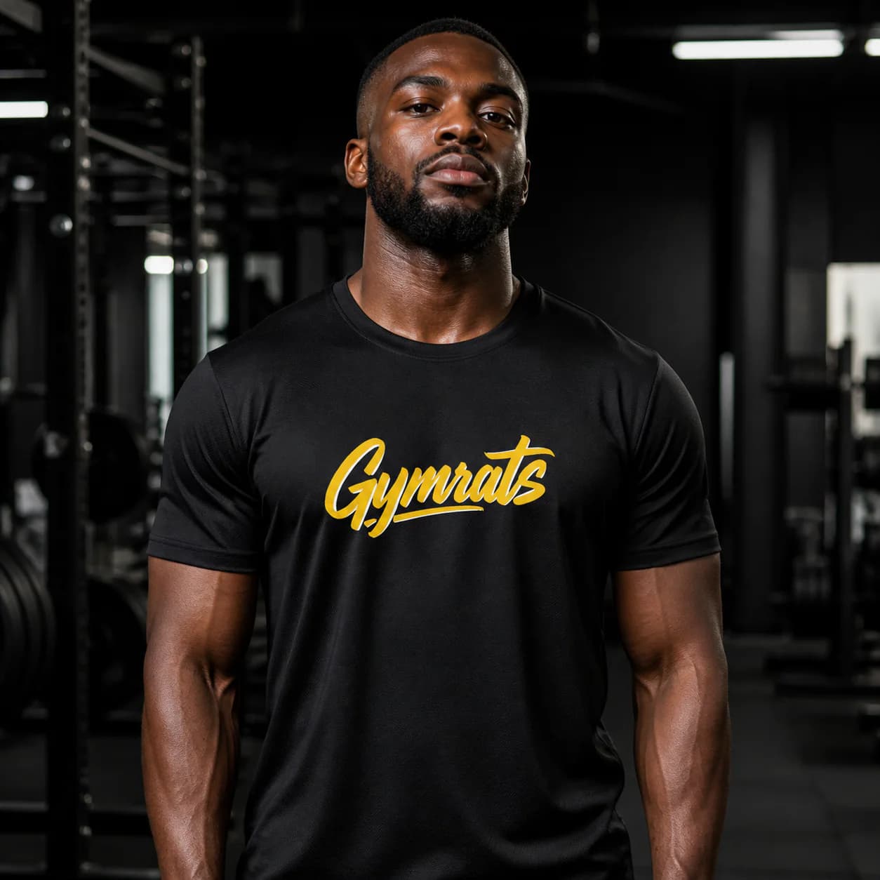 Blonde Fury black performance tee person front mockup