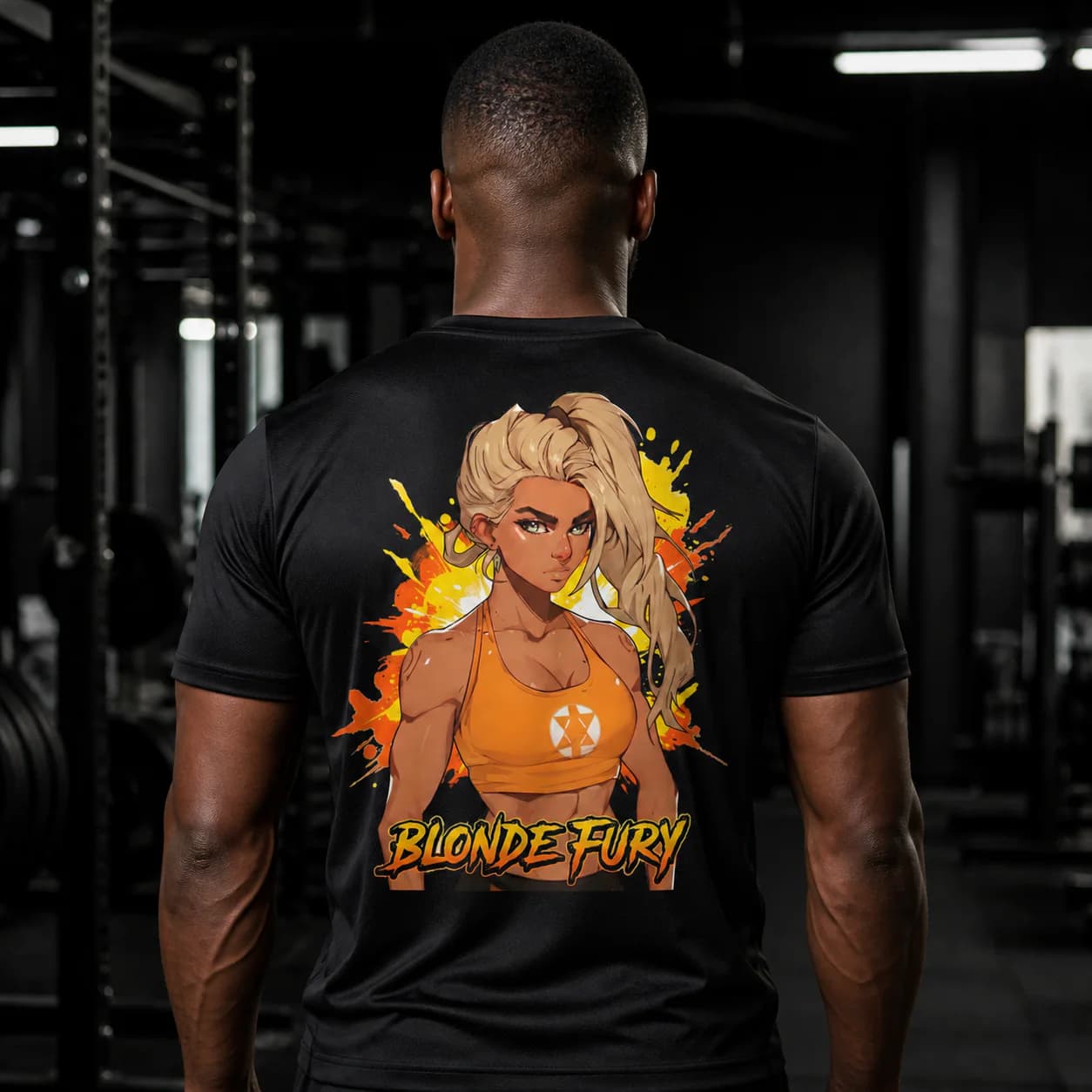 Blonde Fury black performance tee person back mockup