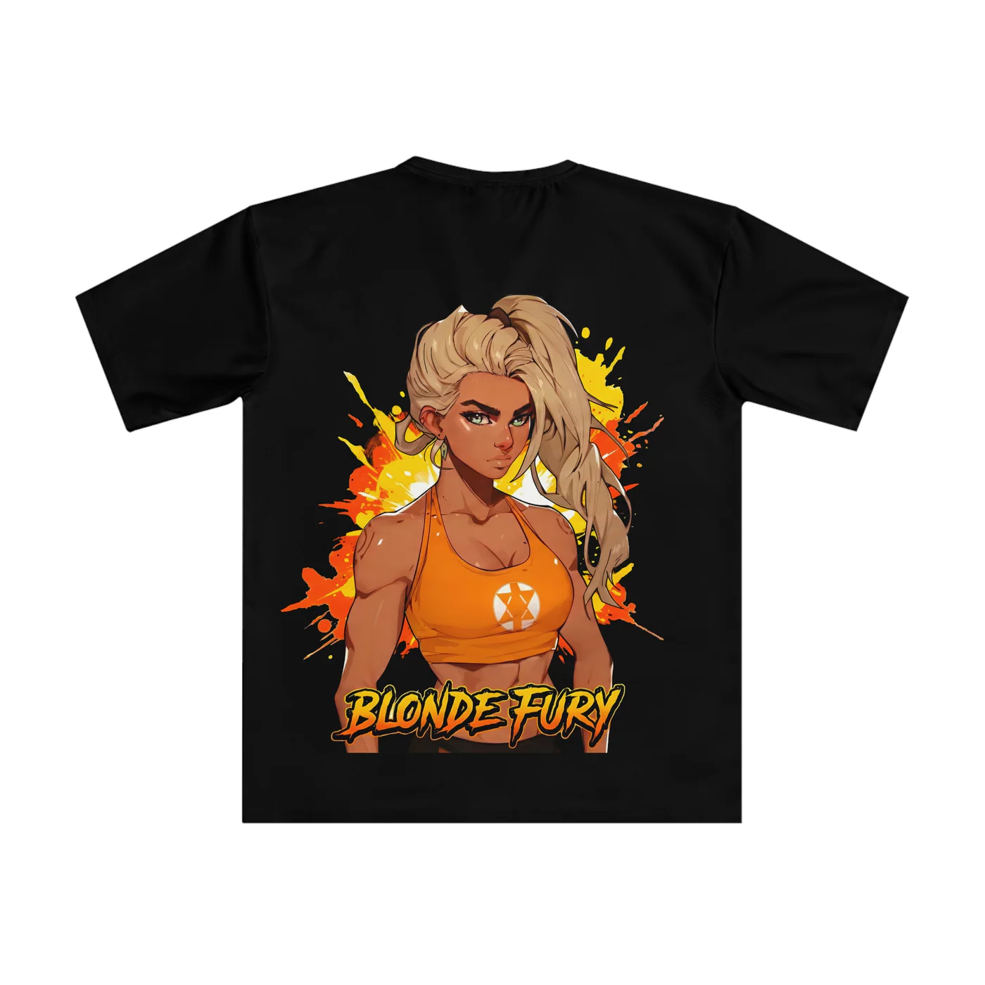 Blonde Fury black performance tee garment back mockup