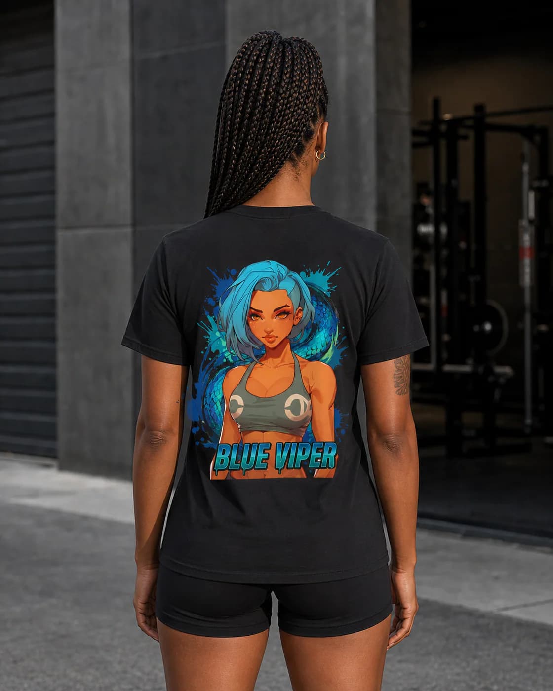 Blue Viper black cotton tee person back mockup