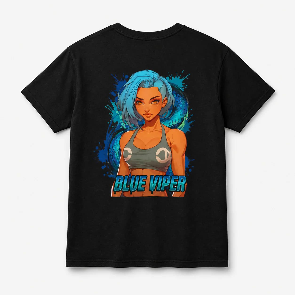 Blue Viper black cotton tee garment back mockup