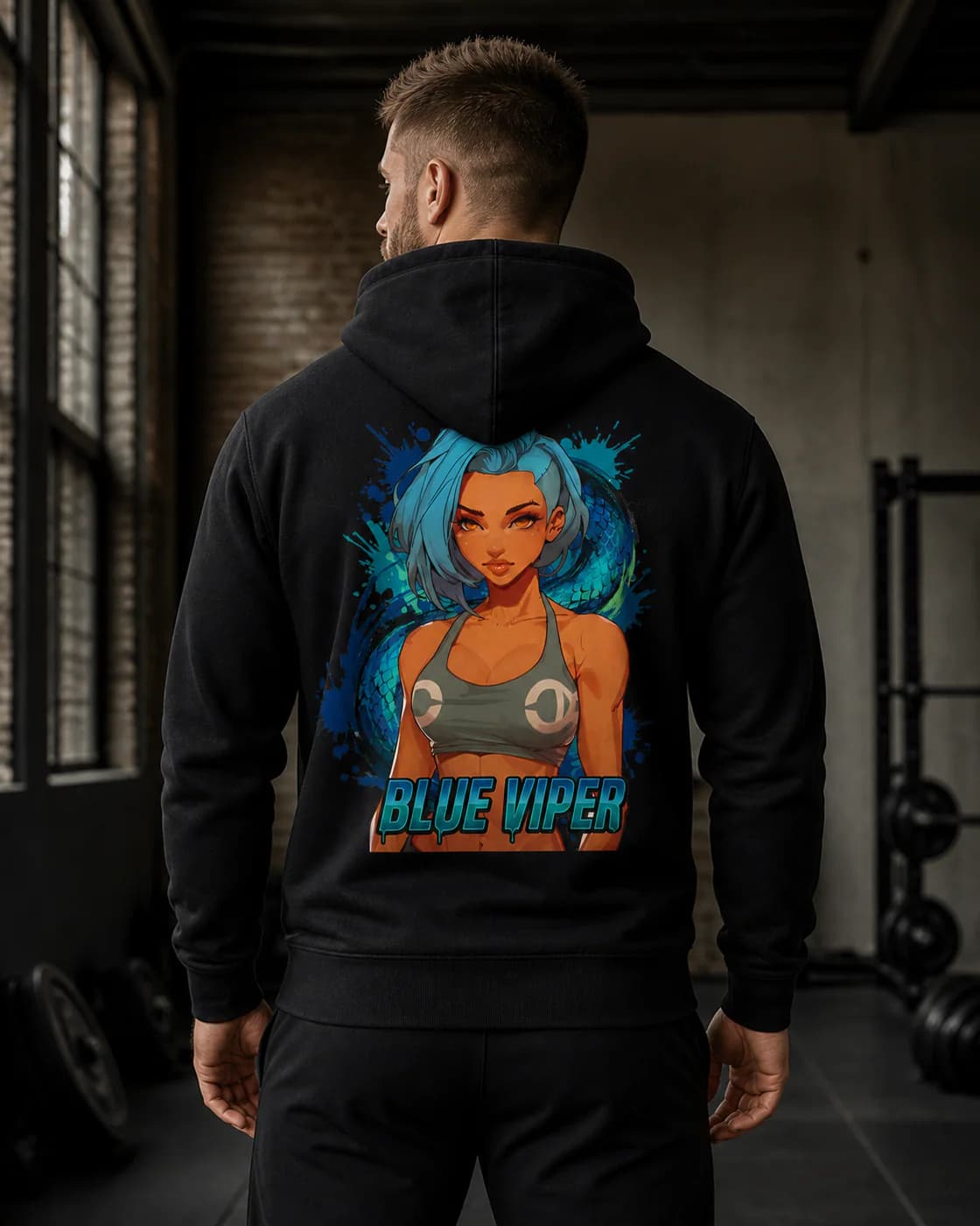 Blue Viper black hoodie person back mockup