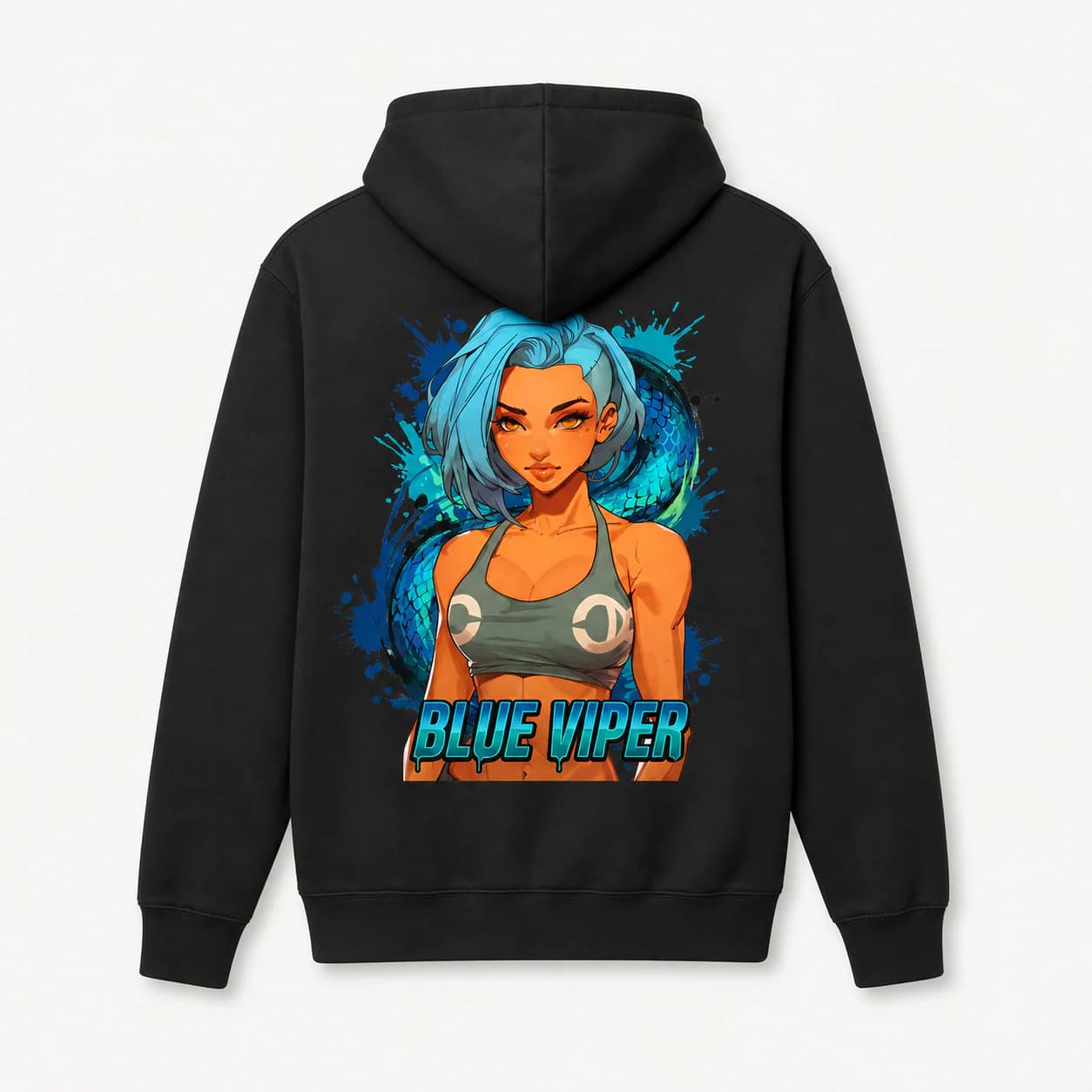 Blue Viper black hoodie garment back mockup