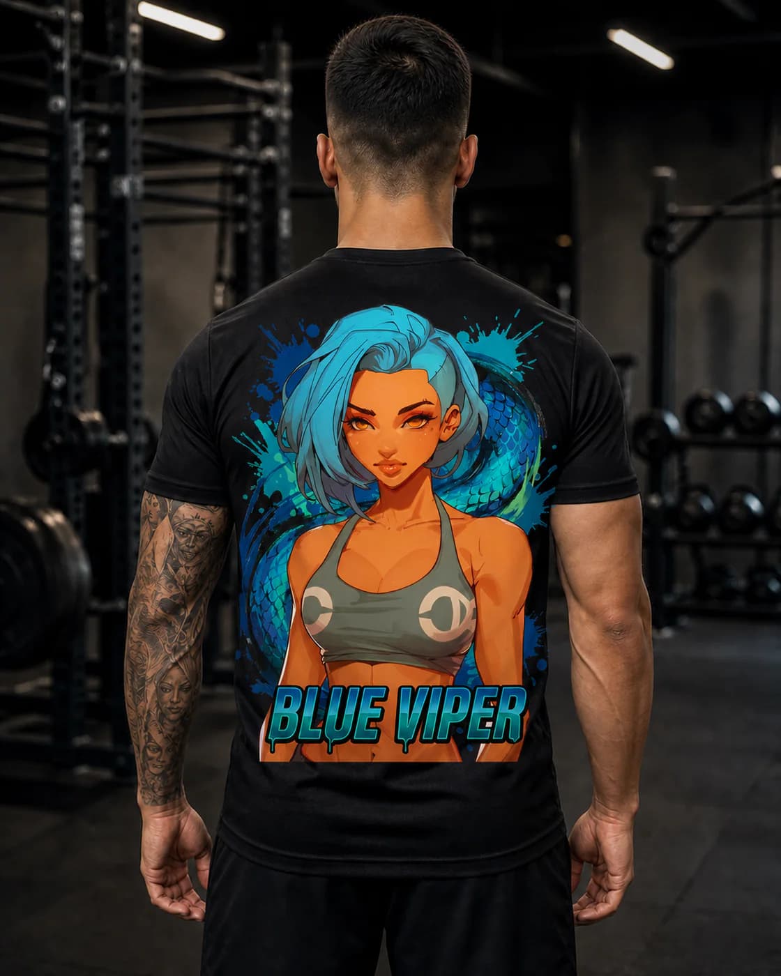 Blue Viper black performance tee person back mockup