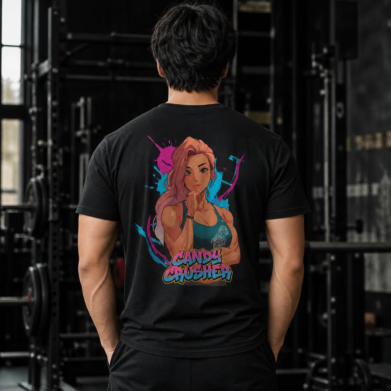 Candy Crusher black cotton tee person back mockup