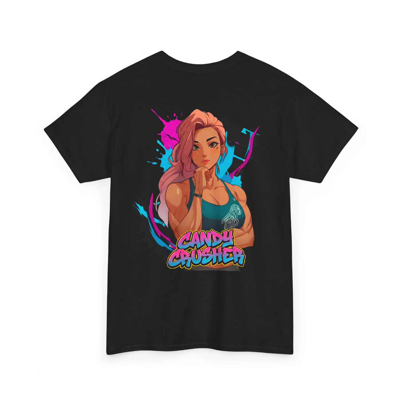 Candy Crusher black cotton tee garment back mockup