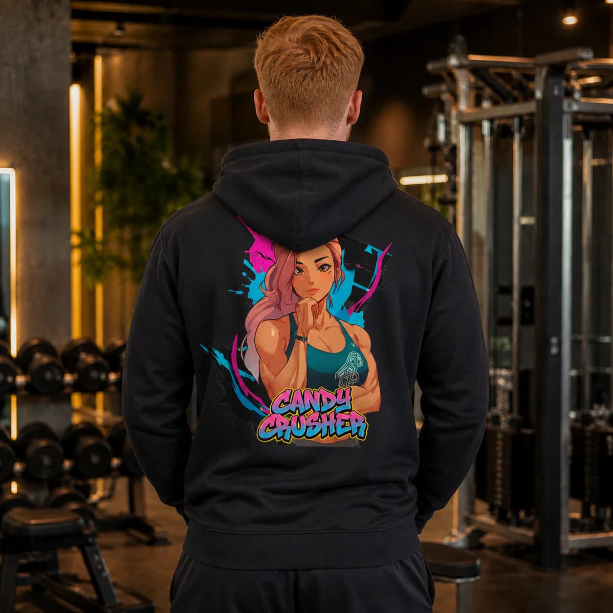 Candy Crusher black hoodie person back mockup