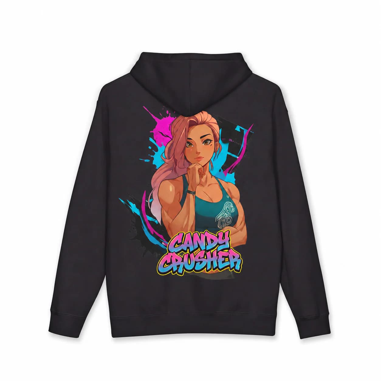 Candy Crusher black hoodie garment back mockup