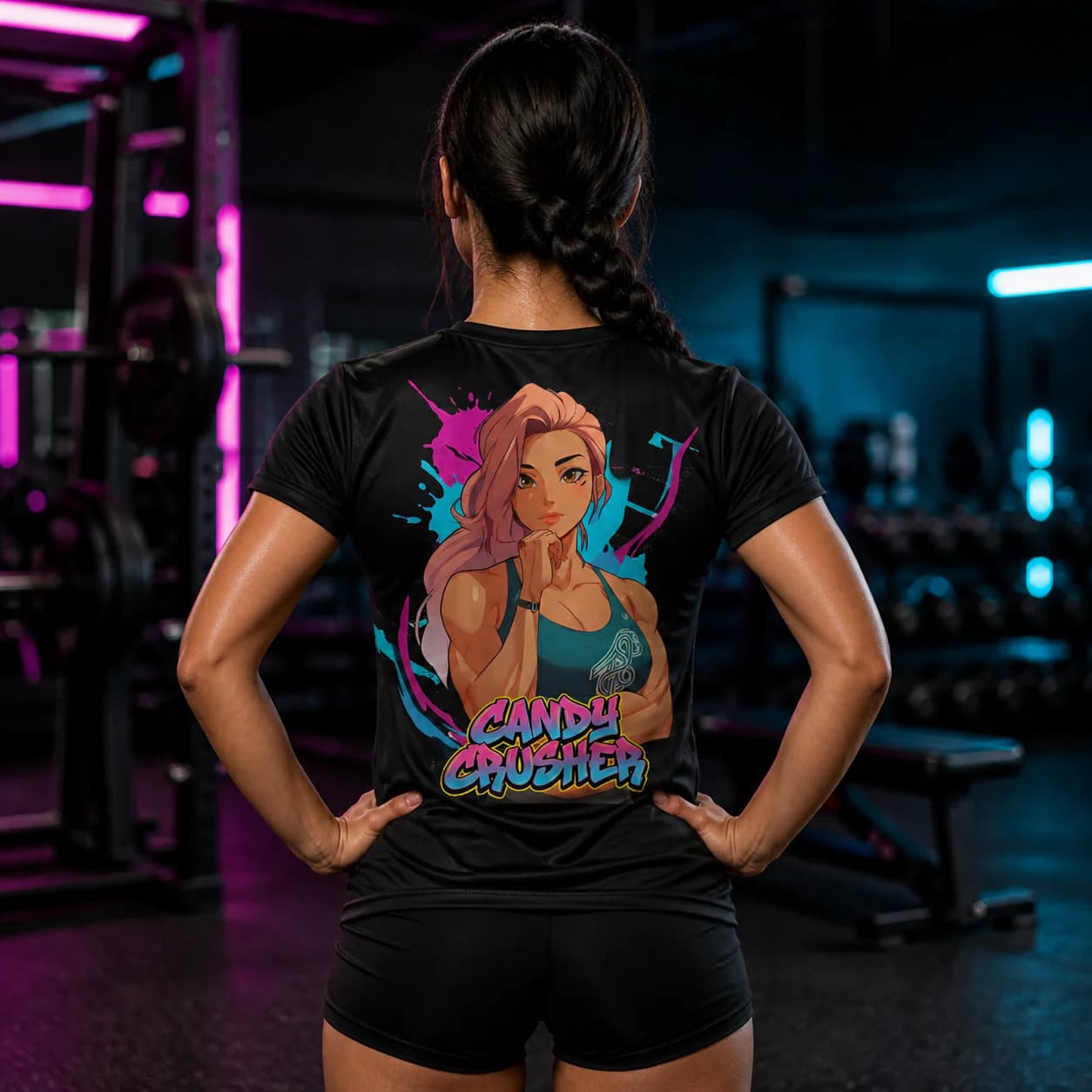 Candy Crusher black performance tee person back mockup