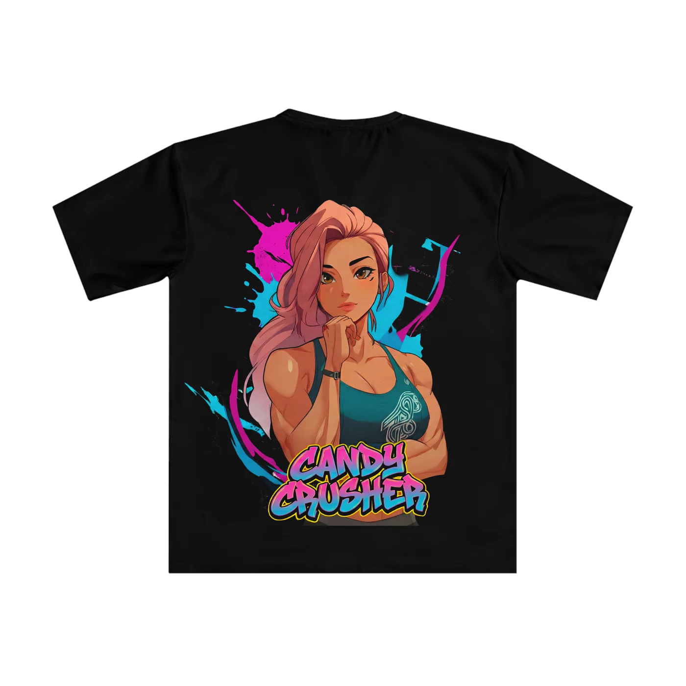 Candy Crusher black performance tee garment back mockup
