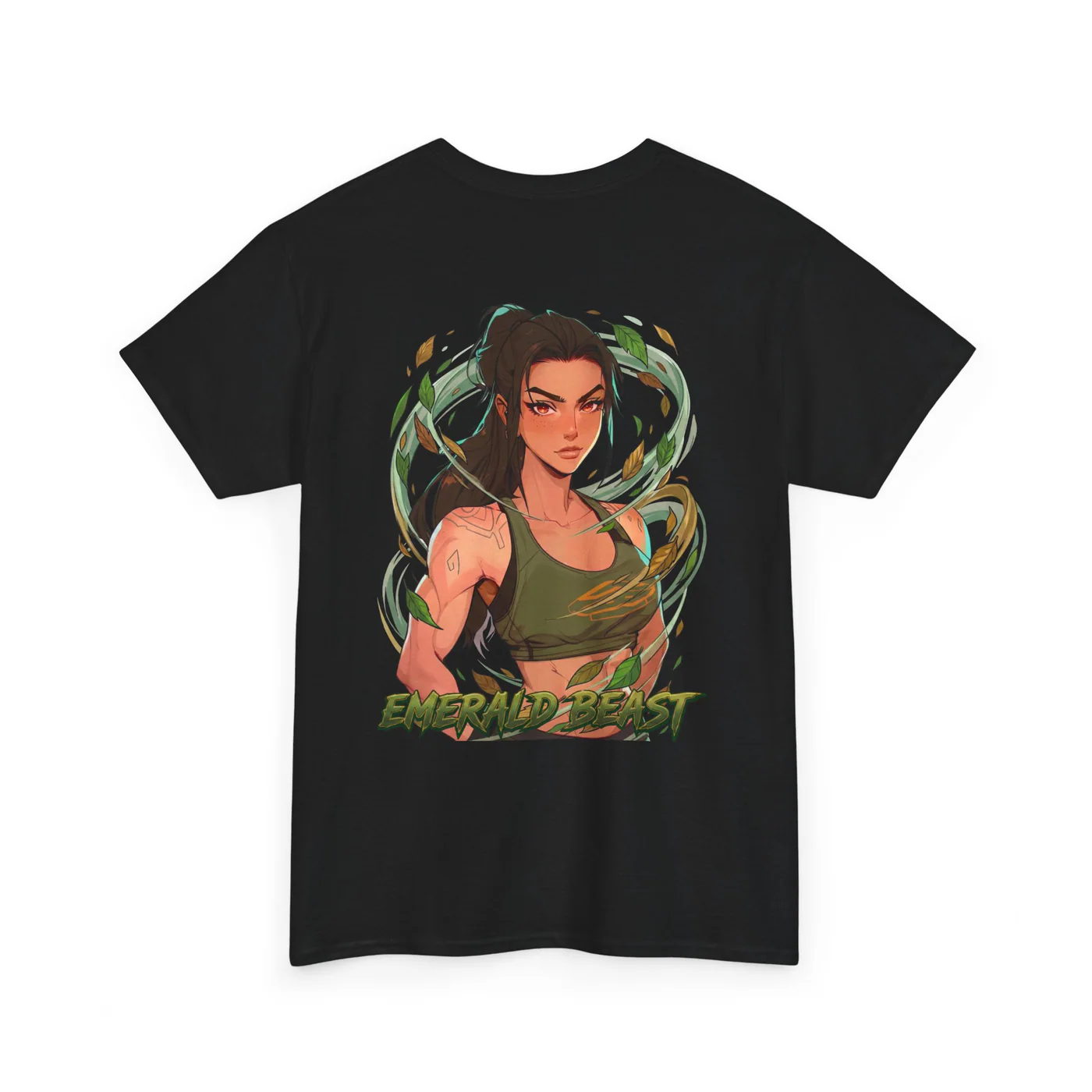 Emerald Beast black cotton tee garment back mockup