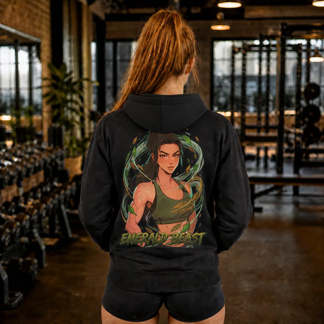 Emerald Beast black hoodie person back mockup