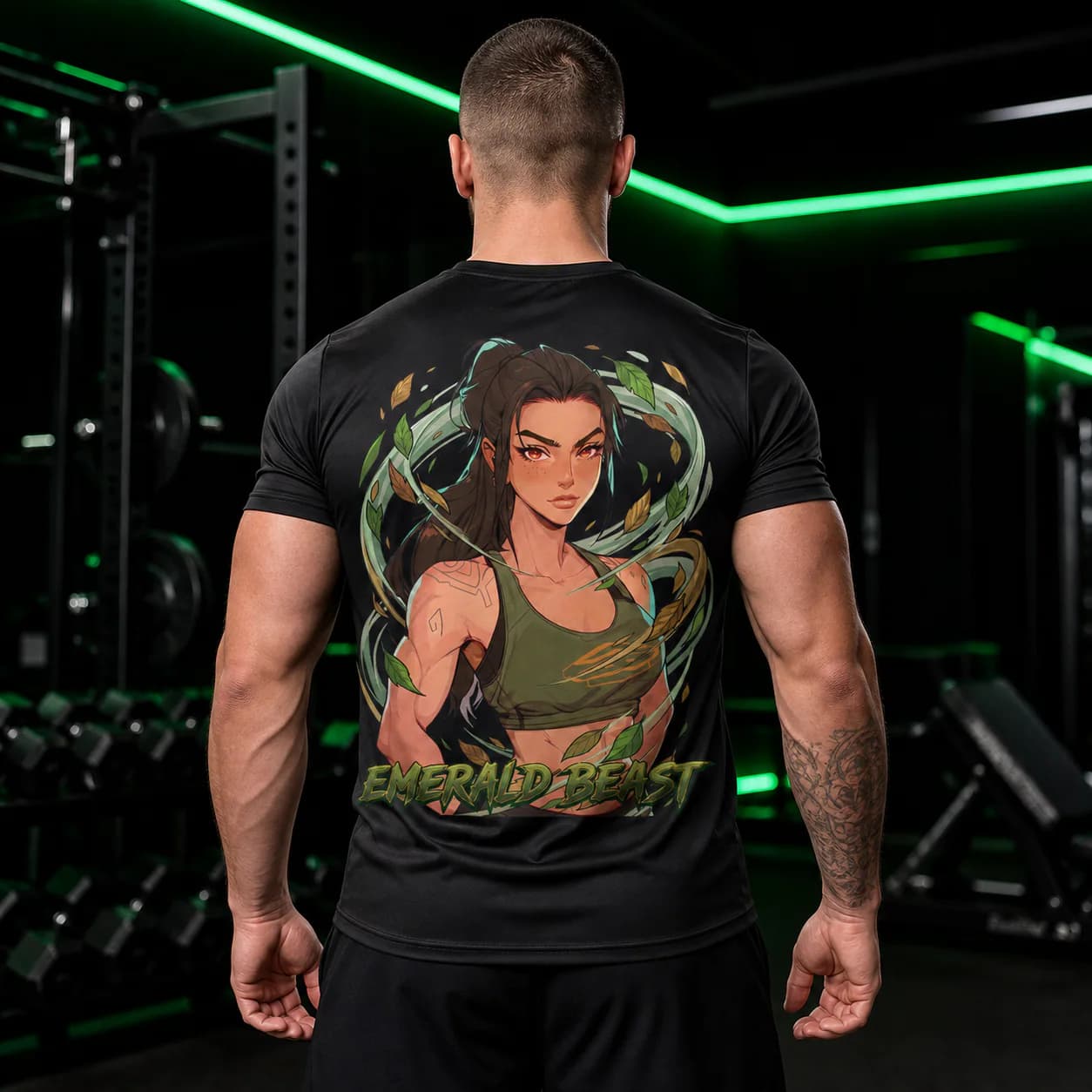 Emerald Beast black performance tee person back mockup