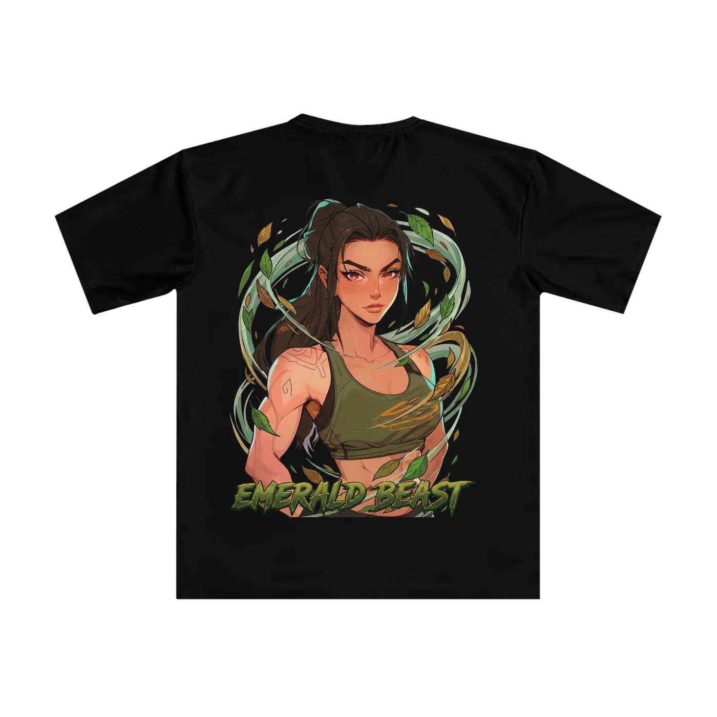 Emerald Beast black performance tee garment back mockup