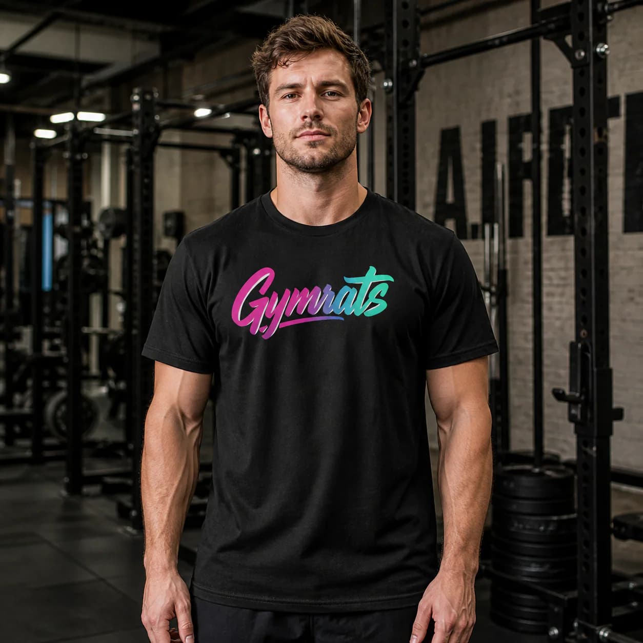 Golden Claw black cotton tee person front mockup