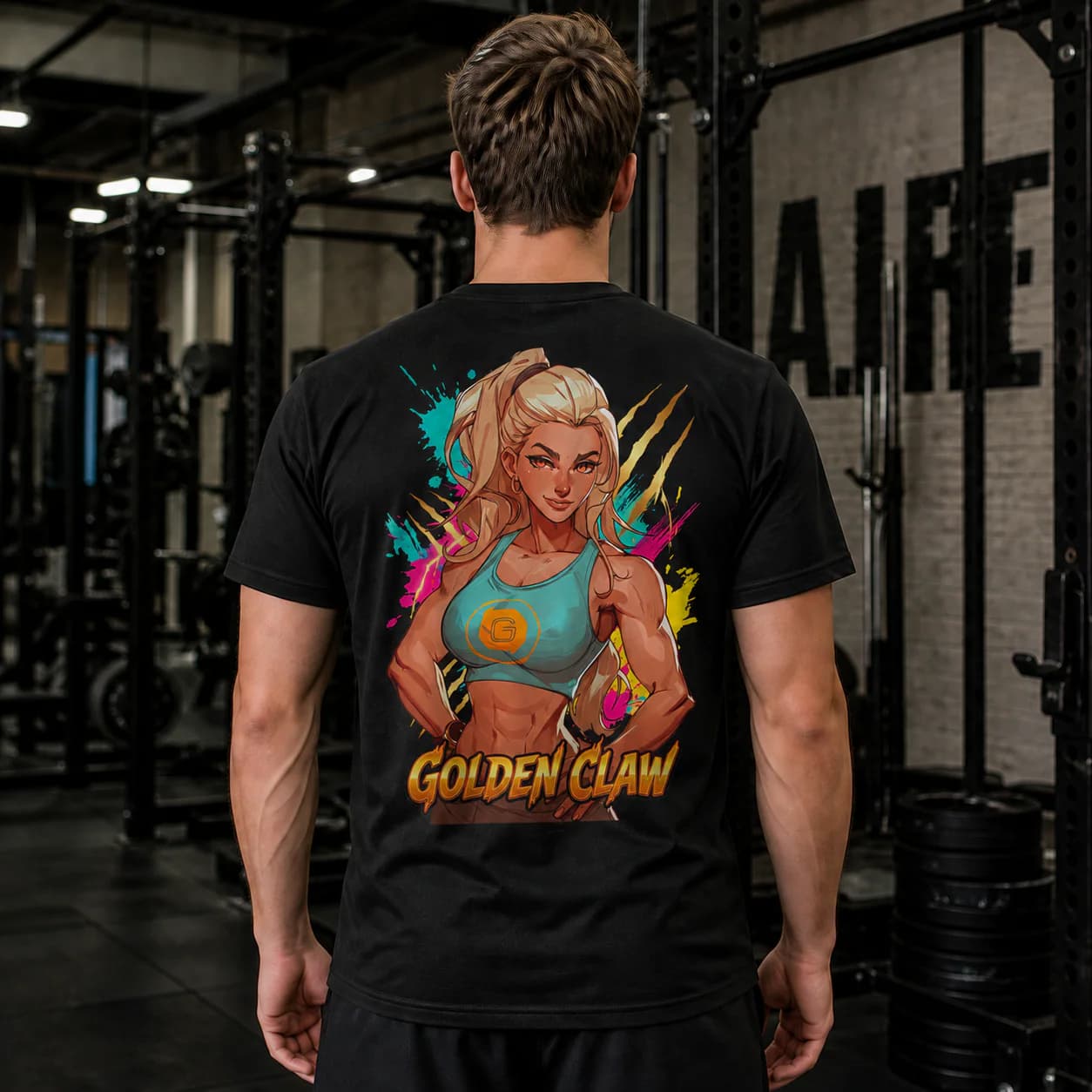 Golden Claw black cotton tee person back mockup