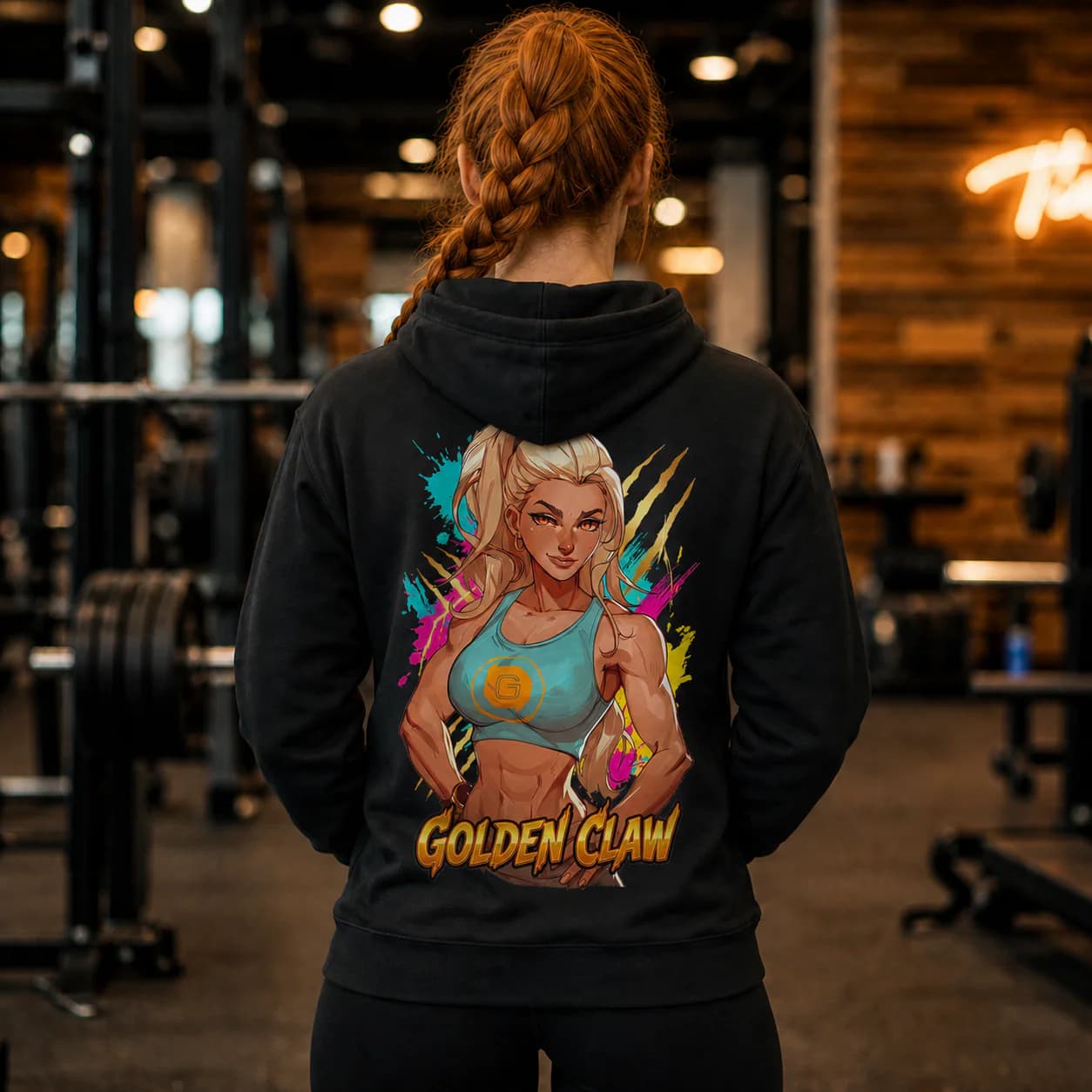 Golden Claw black hoodie person back mockup