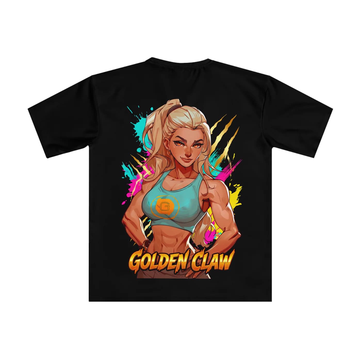Golden Claw black performance tee garment back mockup