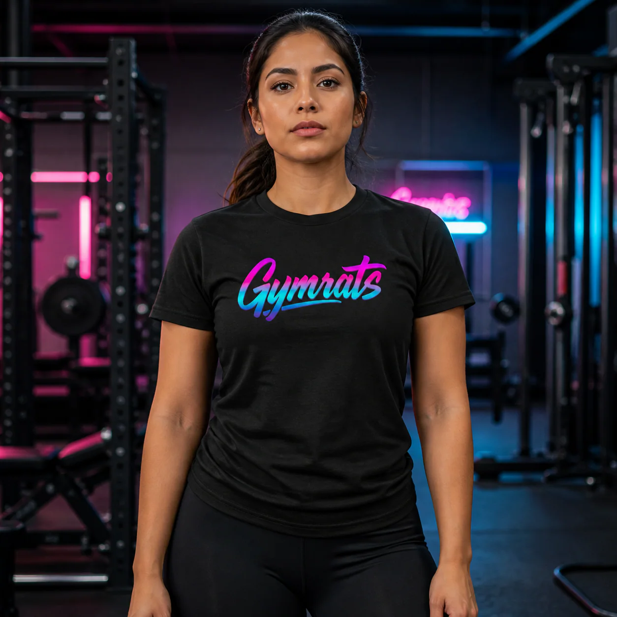 Neon Valkyrie black cotton tee person front mockup