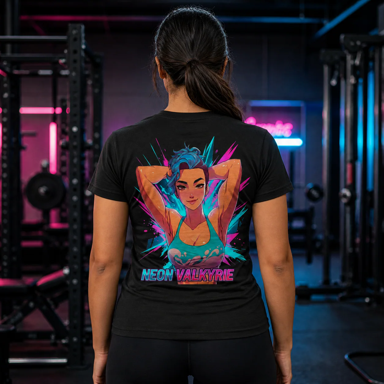 Neon Valkyrie black cotton tee person back mockup