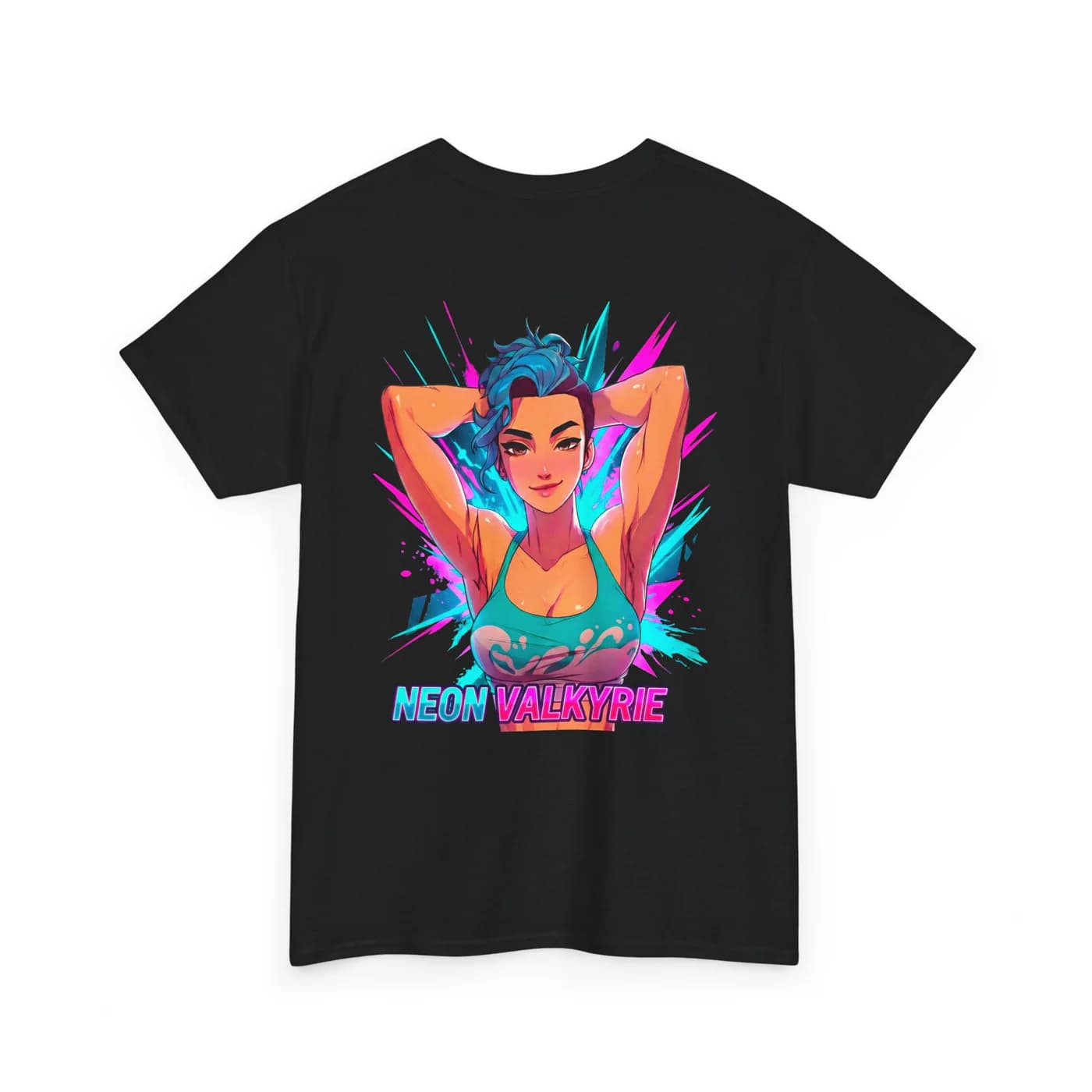 Neon Valkyrie black cotton tee garment back mockup