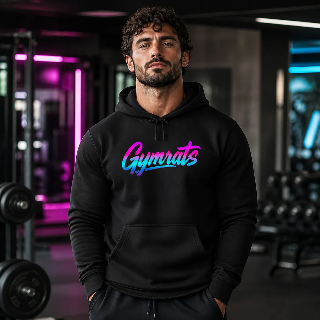 Neon Valkyrie black hoodie person front mockup