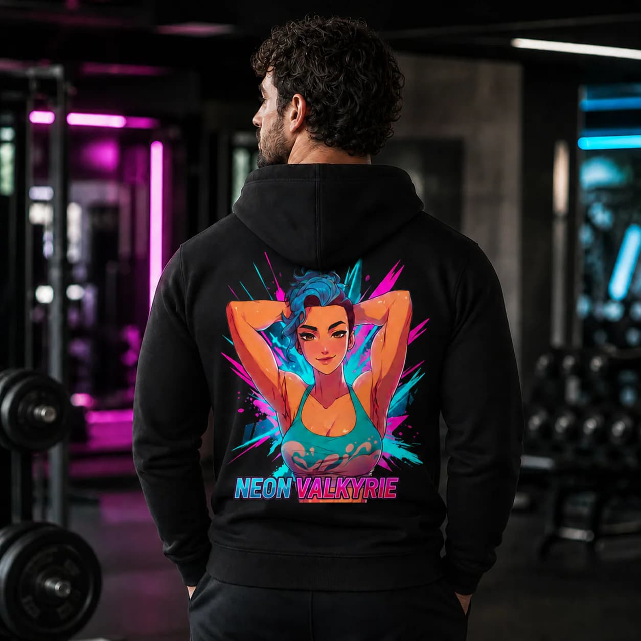 Neon Valkyrie black hoodie person back mockup
