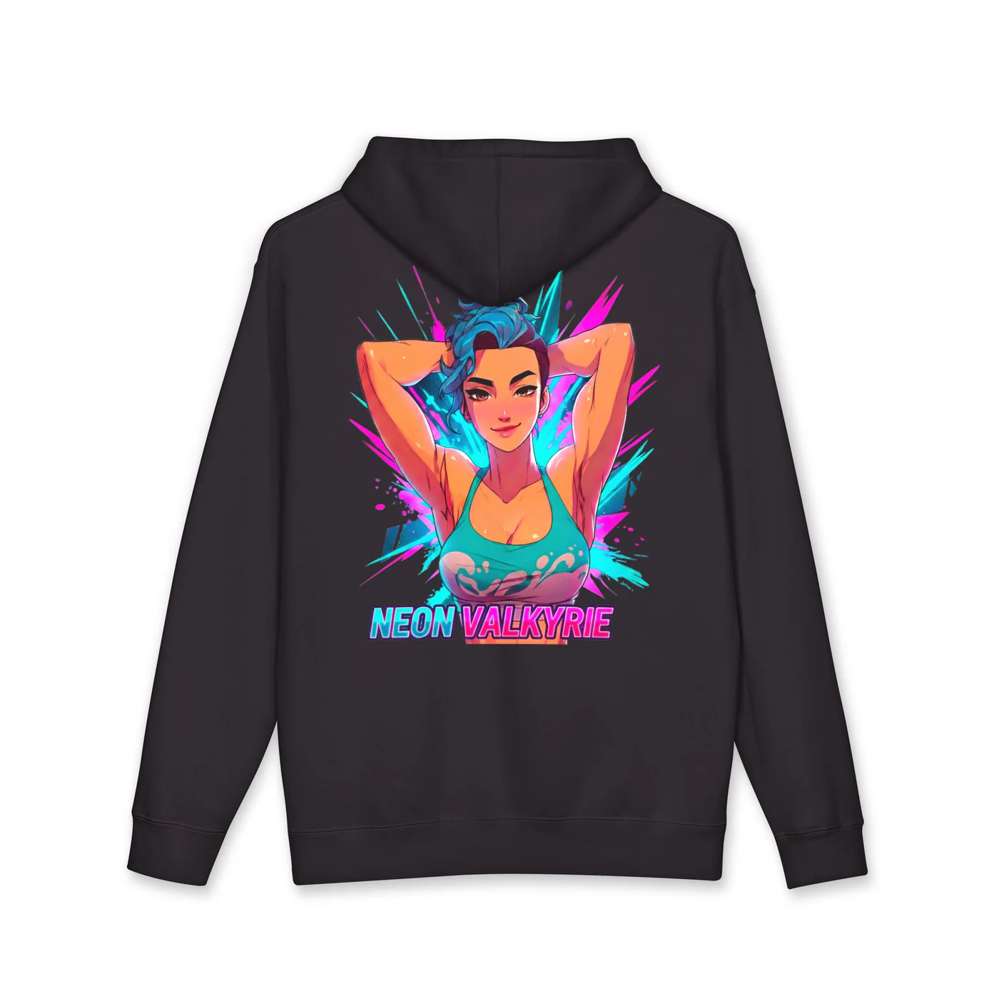 Neon Valkyrie black hoodie garment back mockup