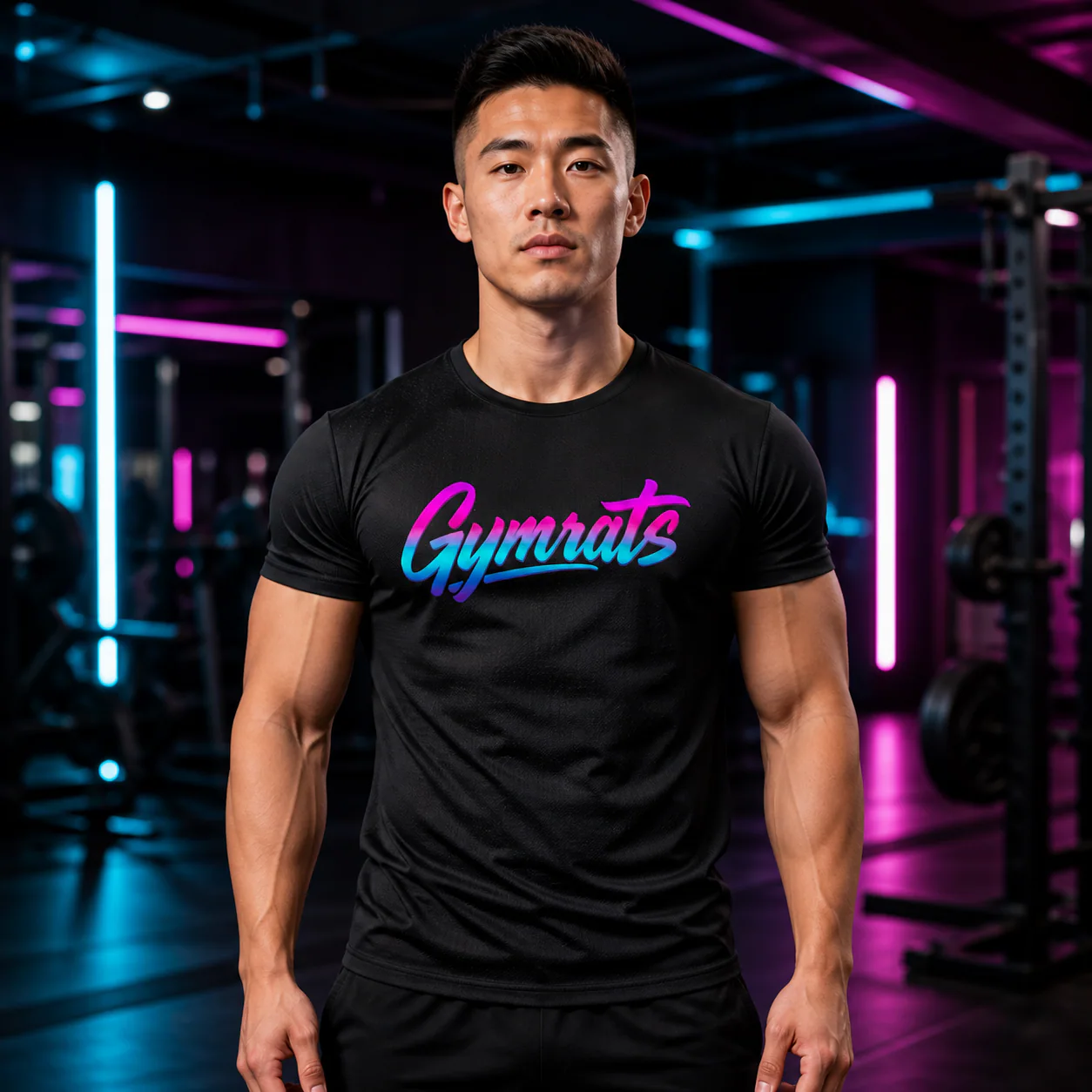 Neon Valkyrie black performance tee person front mockup
