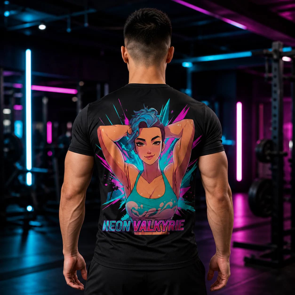 Neon Valkyrie black performance tee person back mockup