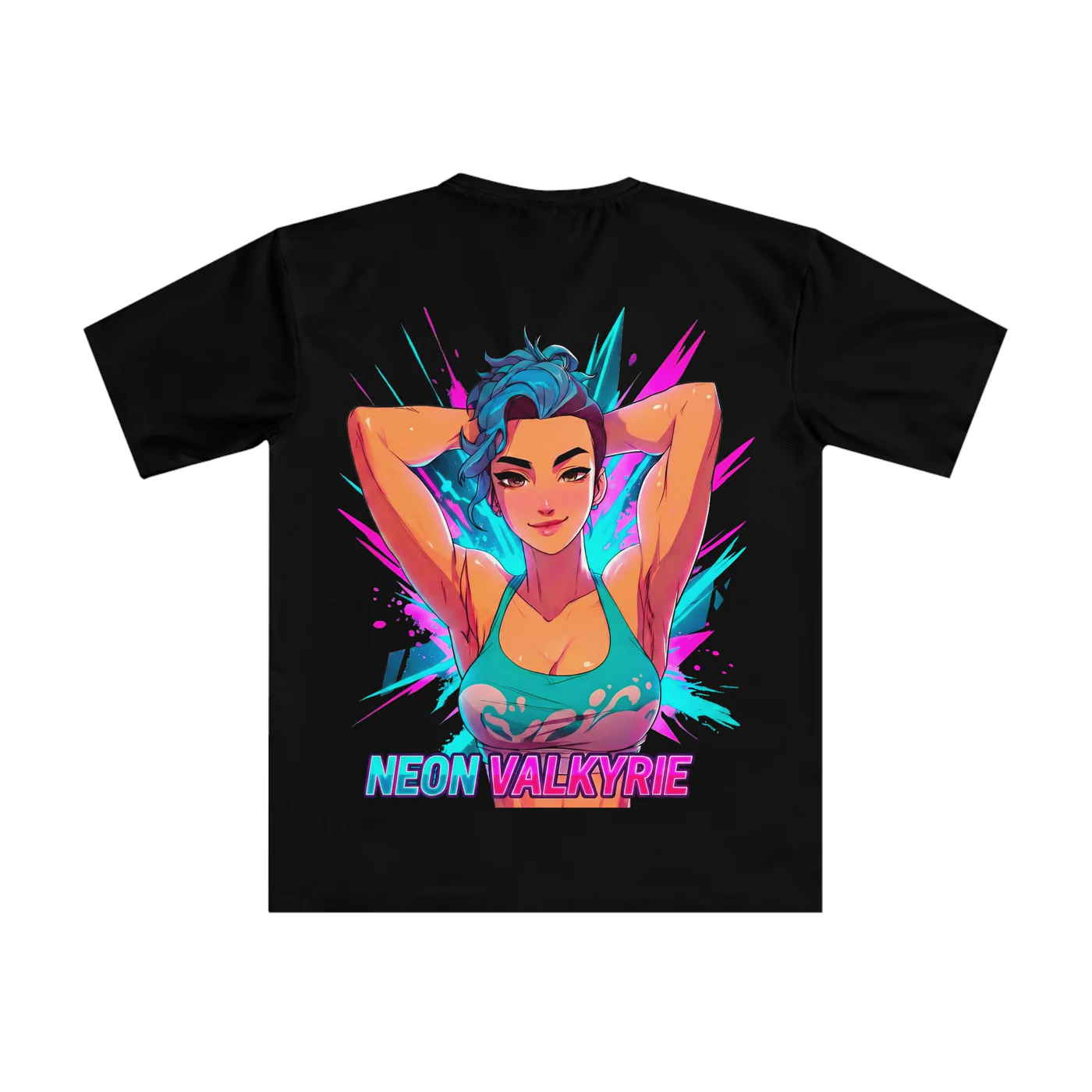 Neon Valkyrie black performance tee garment back mockup