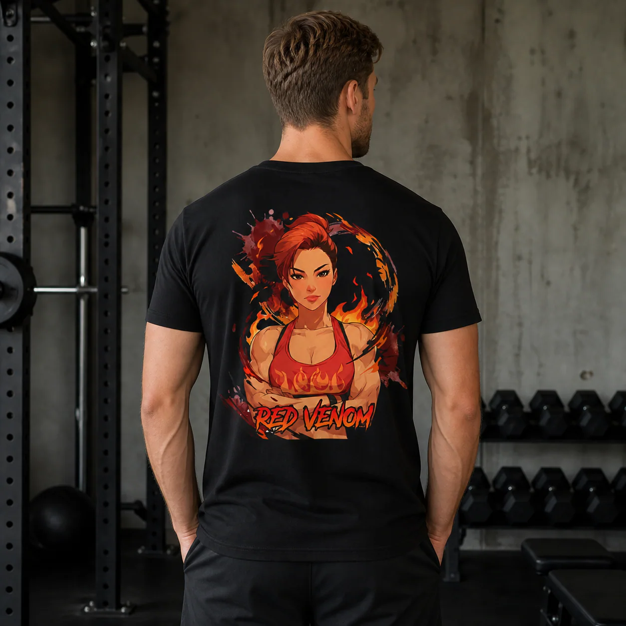Red Venom black cotton tee person back mockup