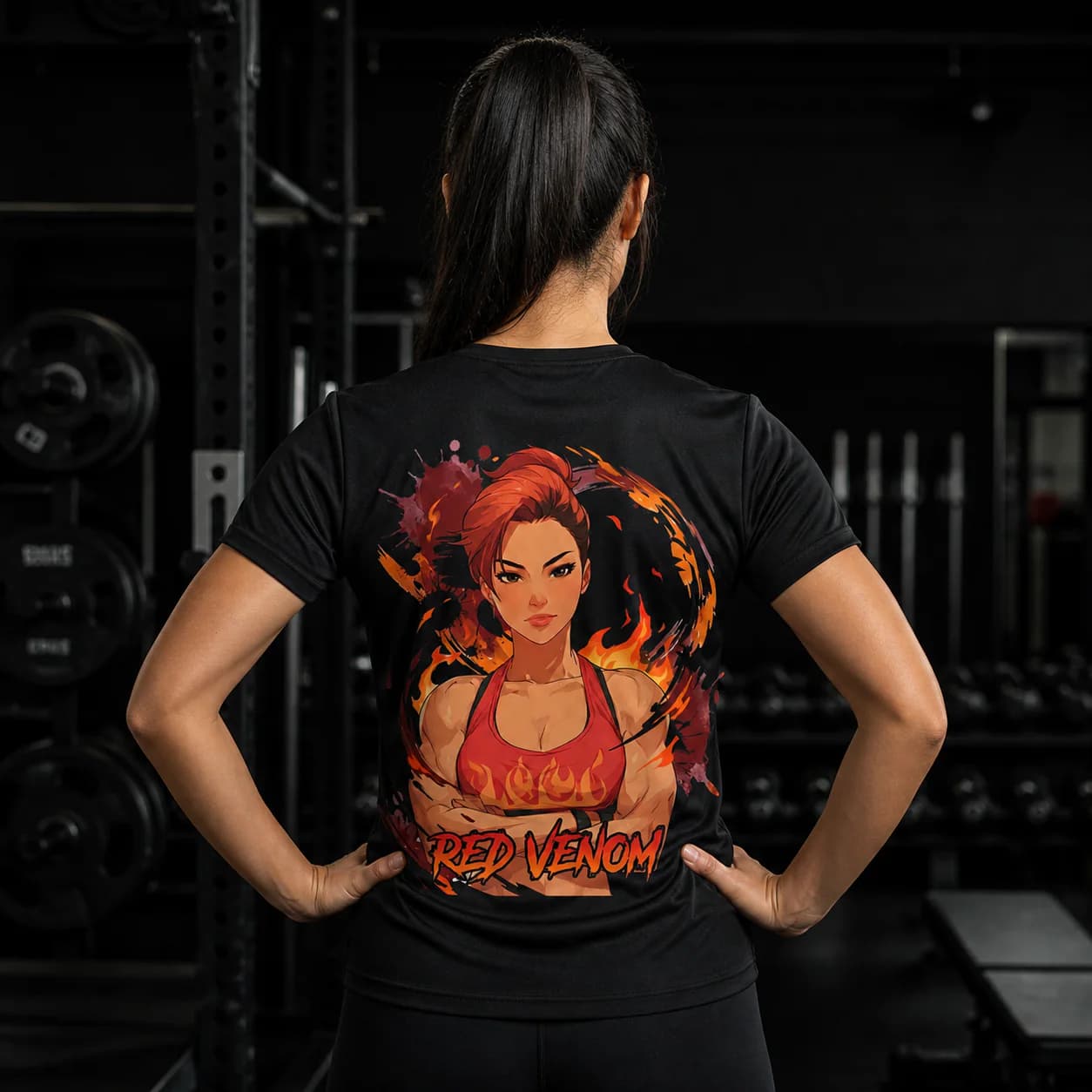 Red Venom black performance tee person back mockup