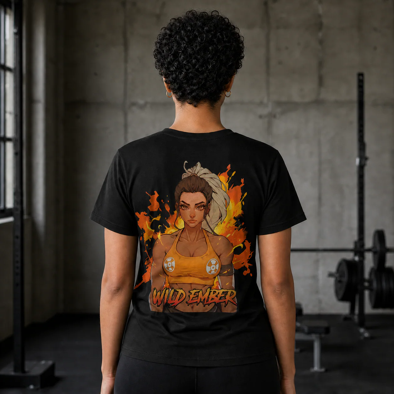 Wild Ember black cotton tee person back mockup