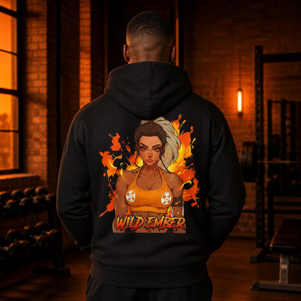 Wild Ember black hoodie person back mockup