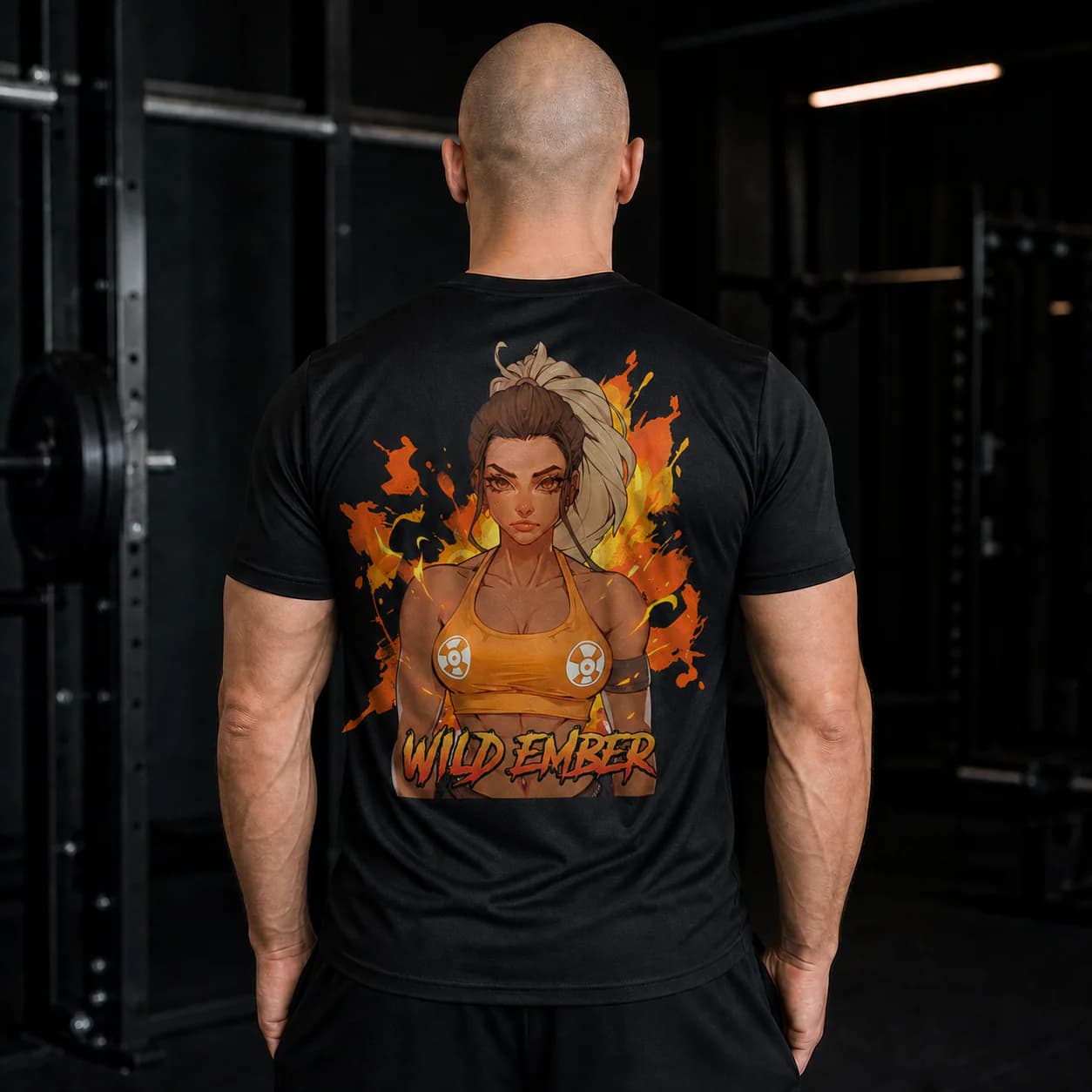 Wild Ember black performance tee person back mockup