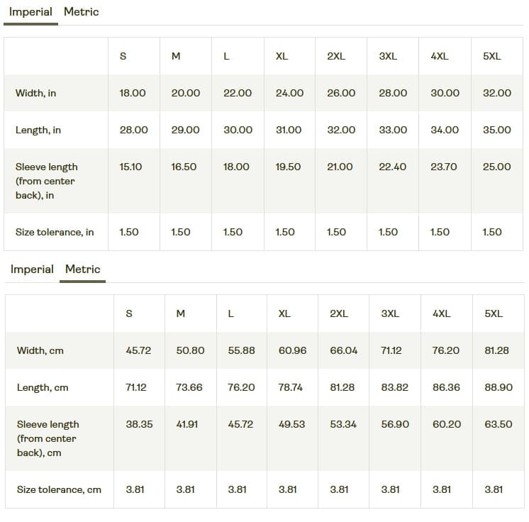 Cotton T-shirt size chart with garment width, length and sleeve measurements in inches and centimeters for sizes S through 5XL.