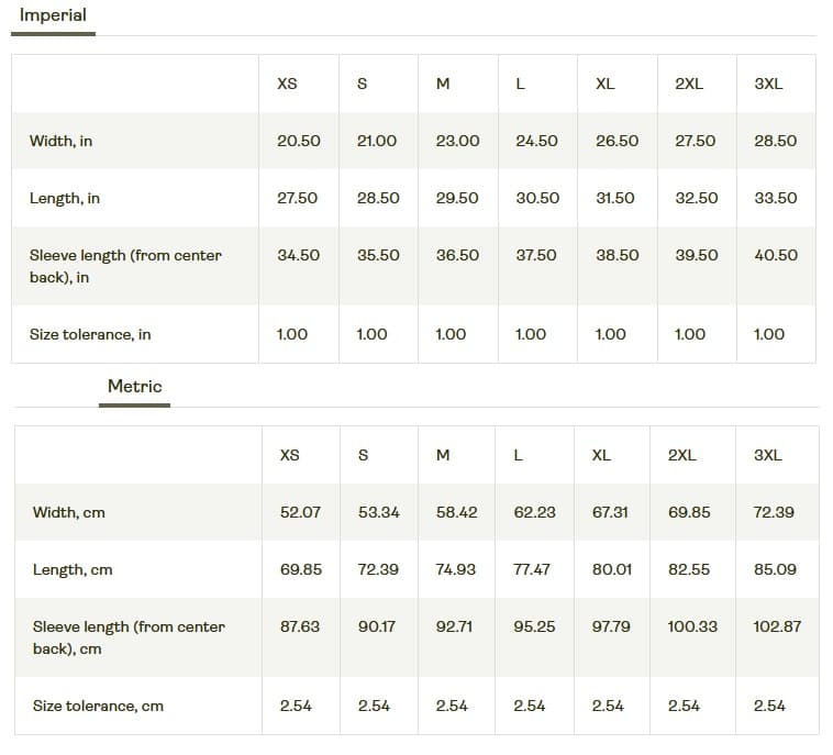 Hoodie size chart with garment width, length and sleeve measurements in inches and centimeters for sizes XS through 3XL.