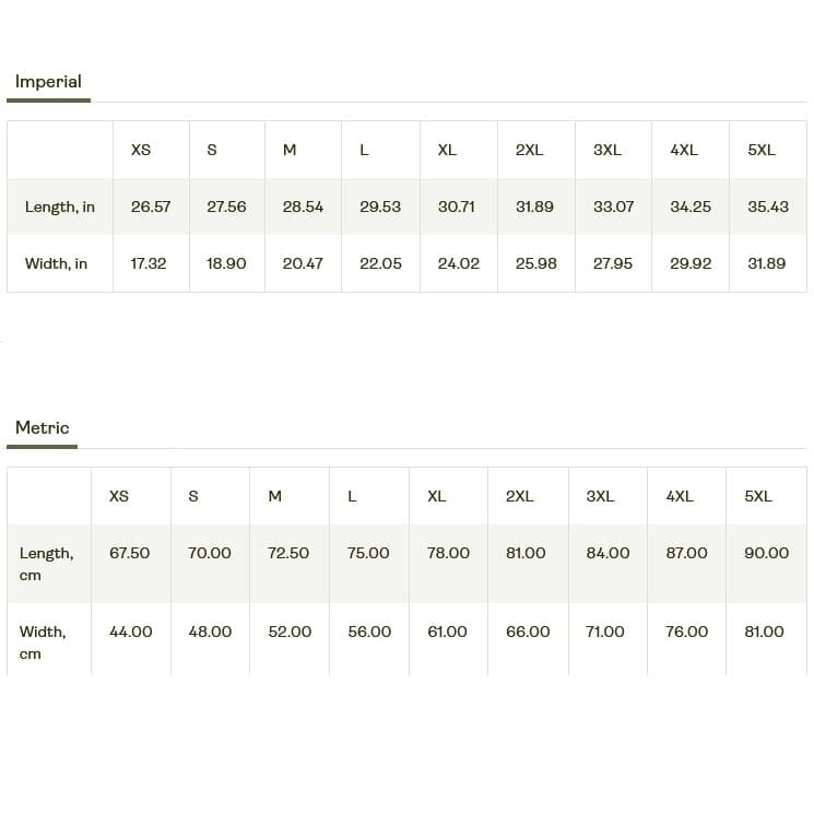 Polyester performance T-shirt size chart with garment length and width measurements in inches and centimeters for sizes XS through 5XL.