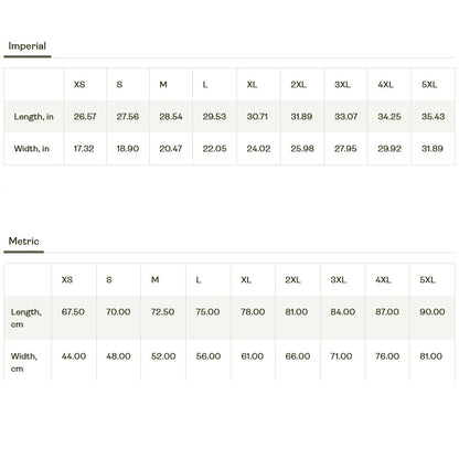 Size chart comparing imperial and metric measurements for clothing sizes XS to 5XL.
