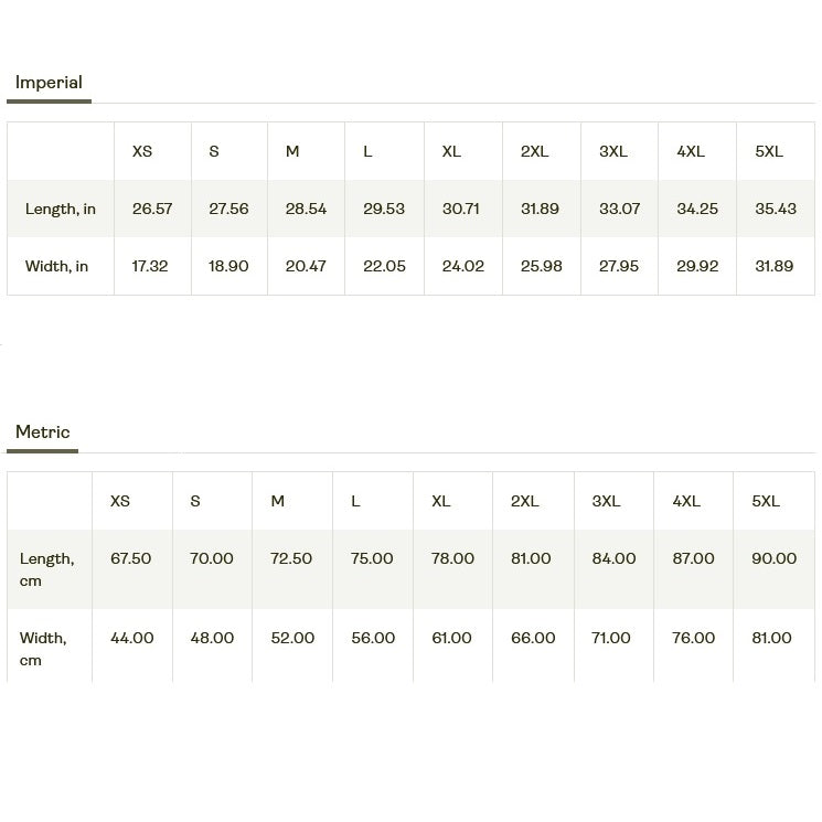 Size chart comparing imperial and metric measurements for clothing sizes XS to 5XL.