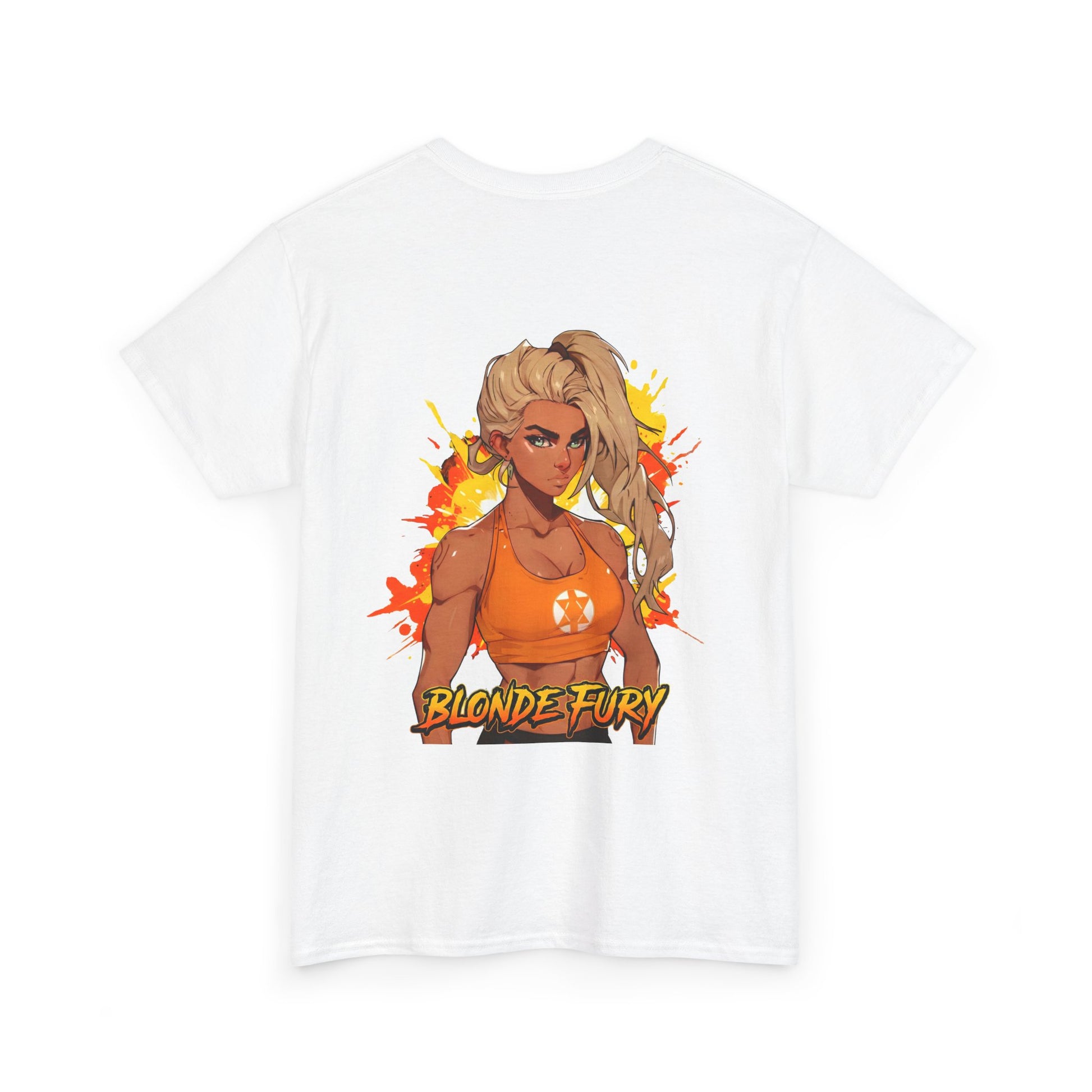 Blonde Fury cotton t-shirt back view white - gold and amber anime design by O'Connor