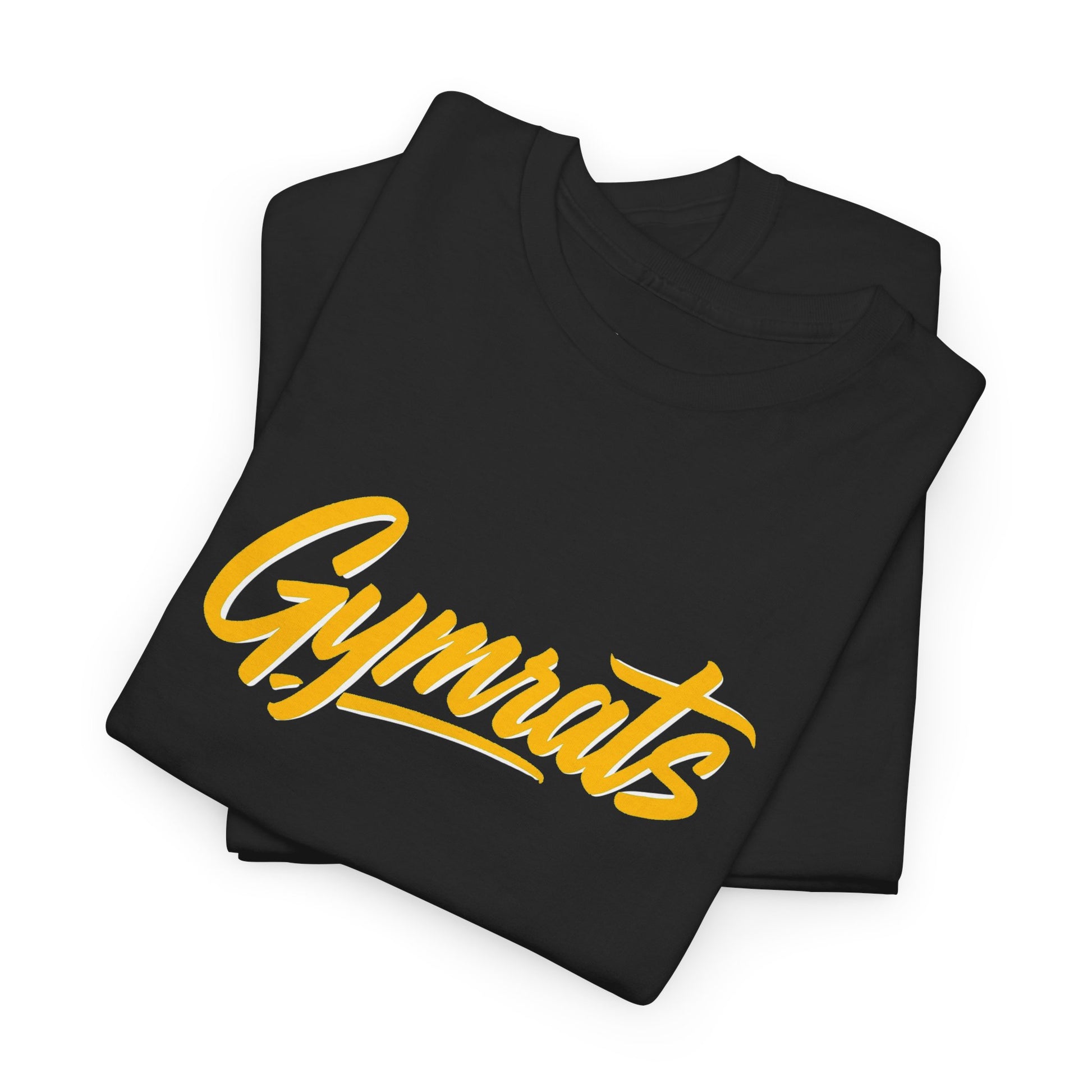 Blonde Fury folded black cotton t-shirt showing Gymrats collection logo