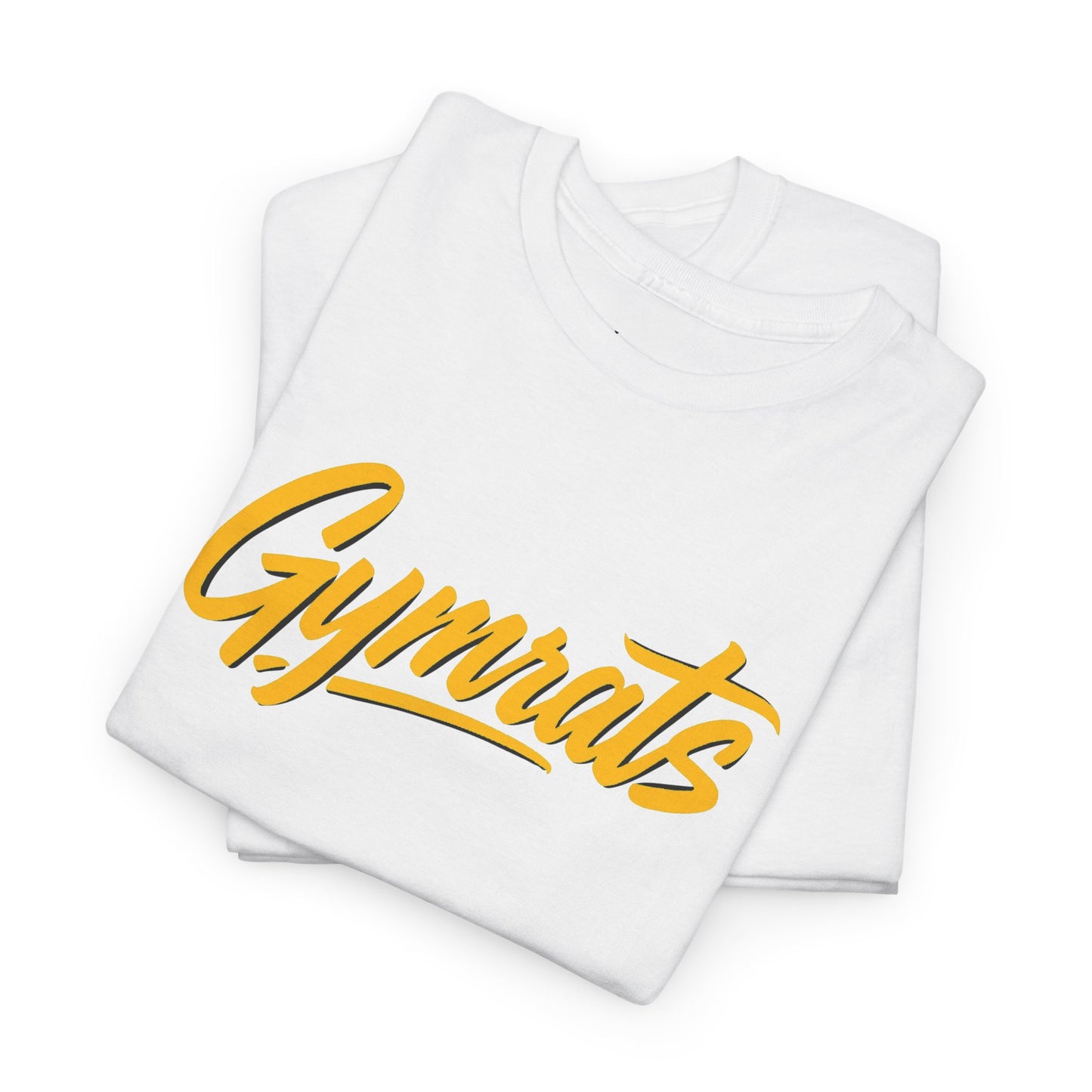 Blonde Fury folded white cotton t-shirt showing Gymrats collection logo